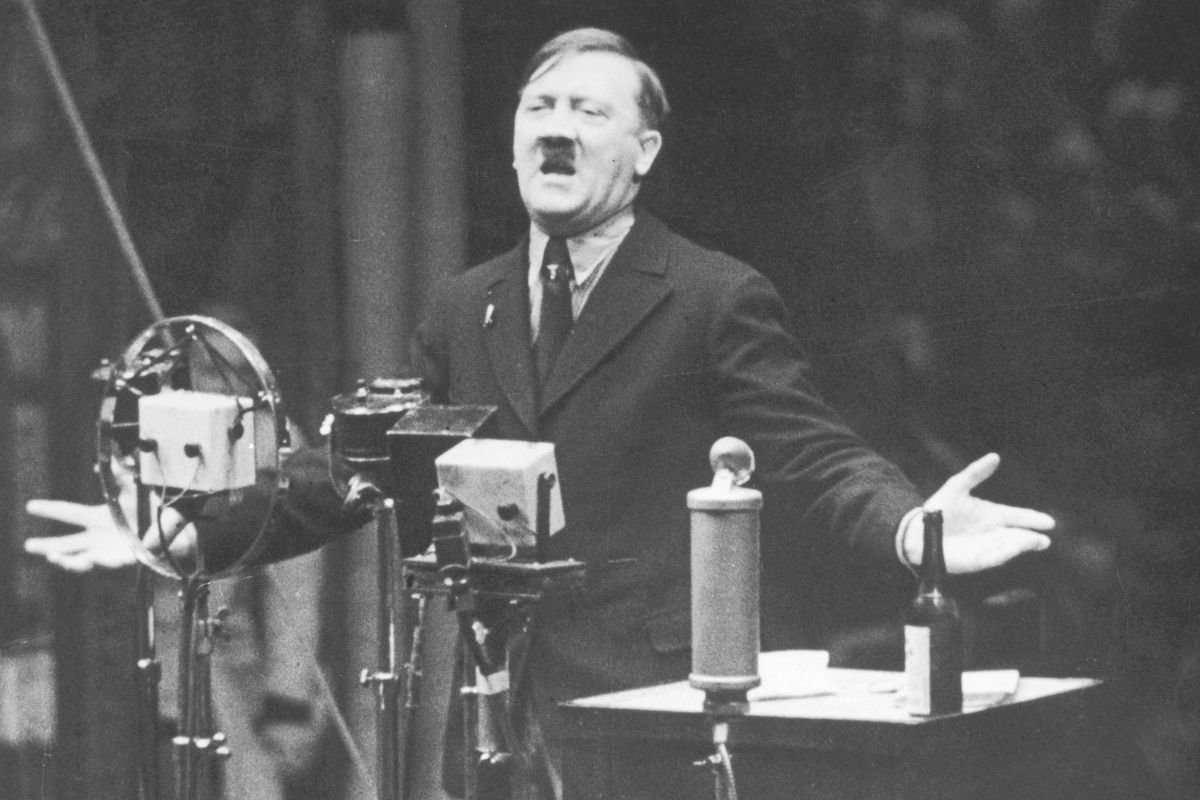 Nazi leader Adolf Hitler speaks in 1935