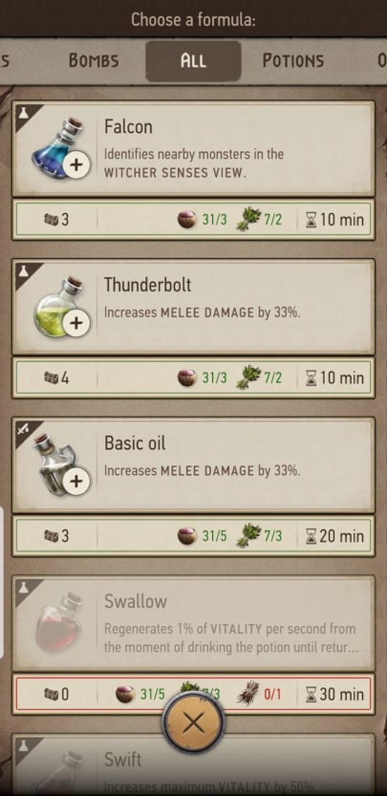 The Witcher: Monster Slayer Crafting Menu