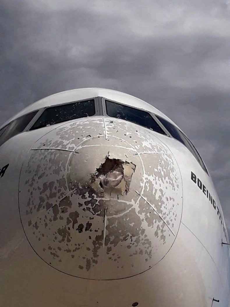 Damage to front of plane from hail