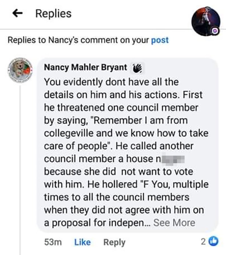 Facebook screenshot, Nancy Bryant, Slur