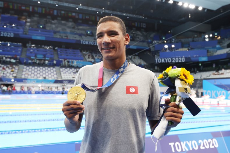 Tunisian swimmer Ahmed Hafnaoui at Tokyo 2020.