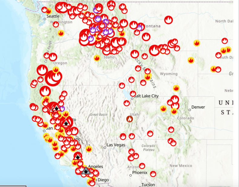 Wildfire map for Washington California and Oregon