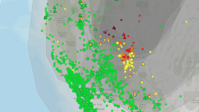 California and Nevada smoke map