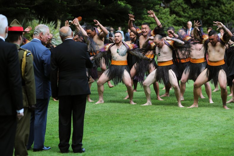 Prince Charles receives a traditional Maori welcome.