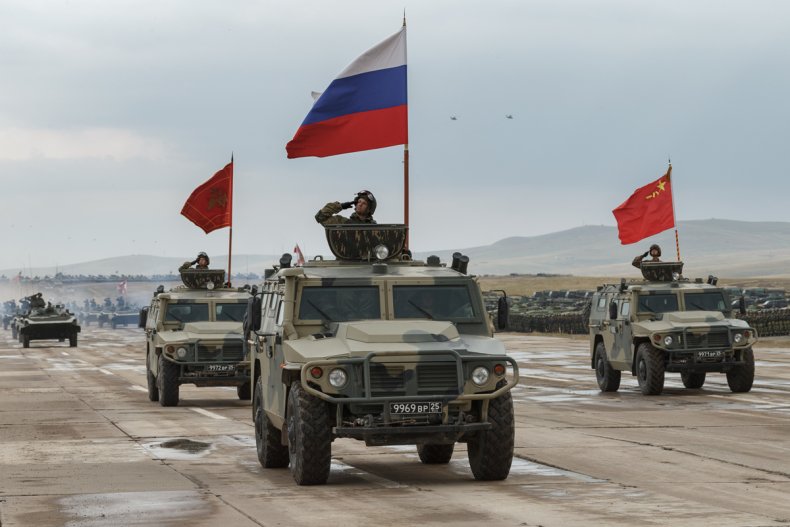 Russia, China, military, flags, parade, Vostok, 2018