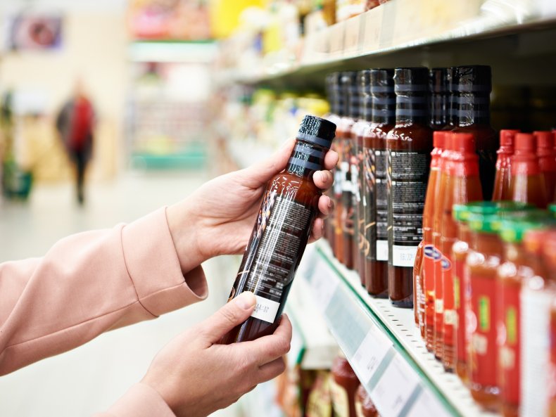 Bottles of sauces at a shop.