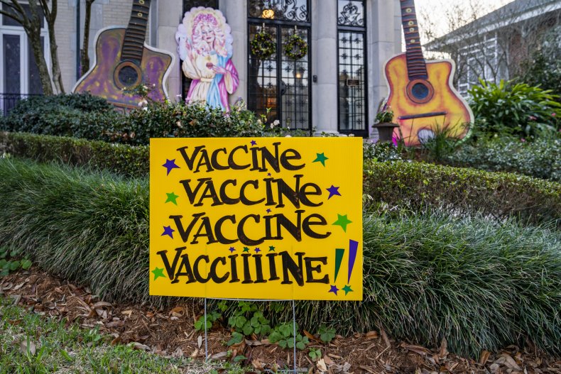 A Dolly Parton-inspired COVID vaccine sign.