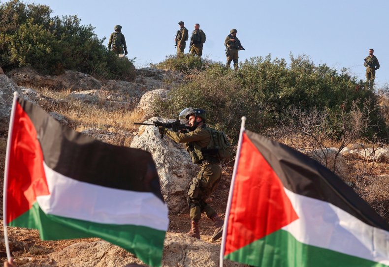 Palestinian, protest, flags, Israeli, soldiers