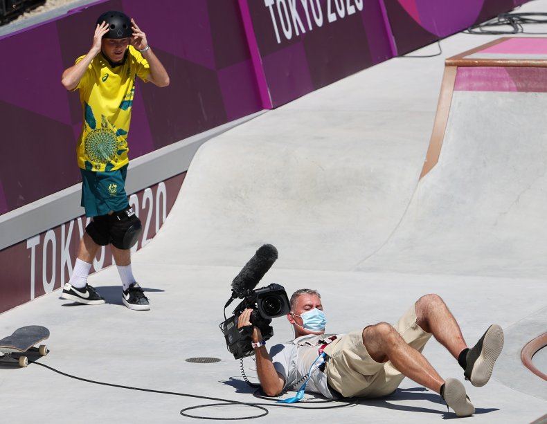 Kieran Woolley crashes into a cameraman.