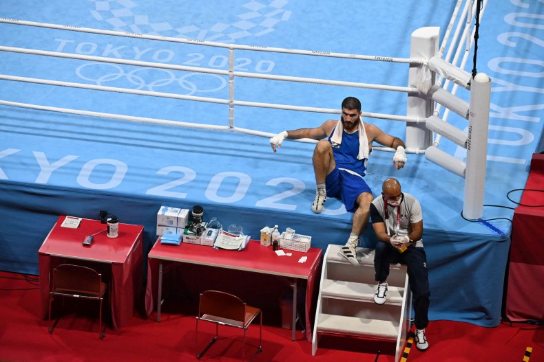 Mourad Aliev stages Olympic boxing protest.