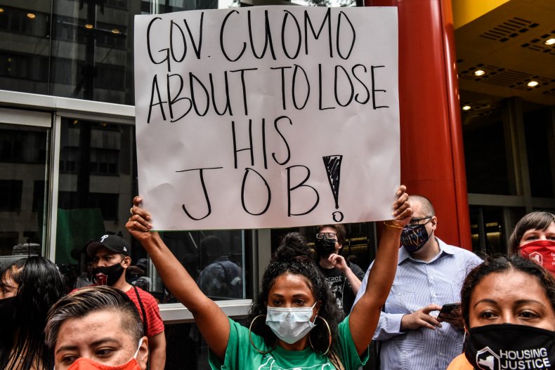 People participate in a protest against N.Y.