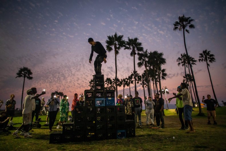 Man takes part in milk crate challenge.