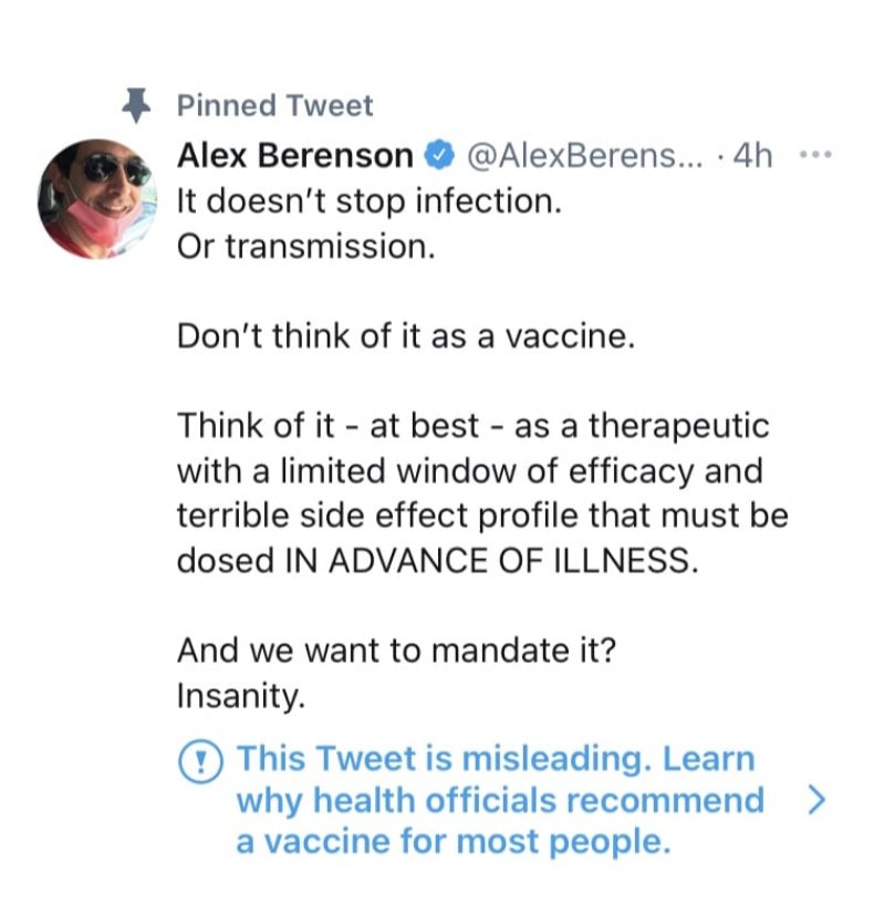 Berenson tweeted about his opinion on vaccines