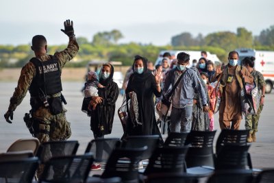Refugees Greeted by U.S. Soldier in Spain Refugees Greeted by U.S. Soldier in Spain