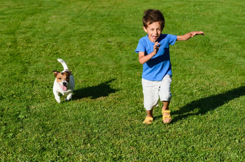Child running away from dog