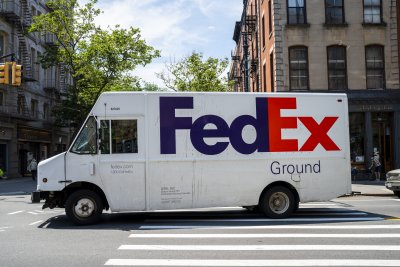 A FedEx delivery truck in New York A FedEx delivery truck in New York