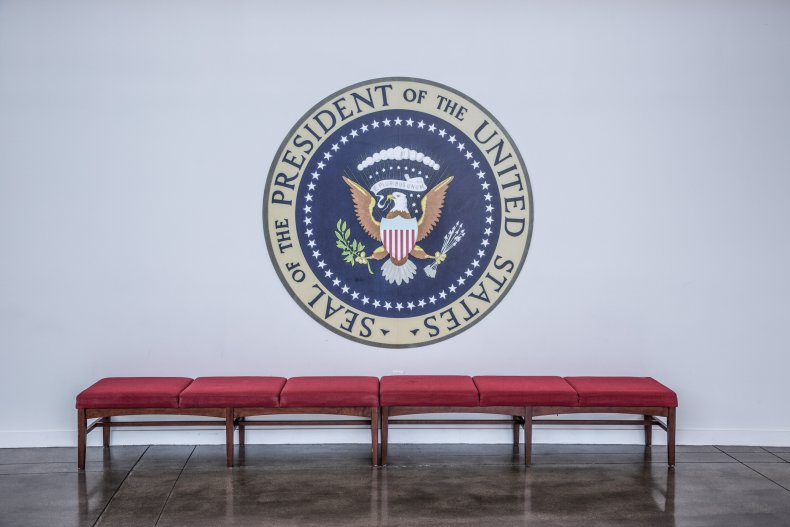 The presidential seal adorns a wall