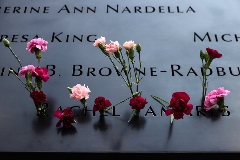 Flowers are placed at the 9/11 Memorial