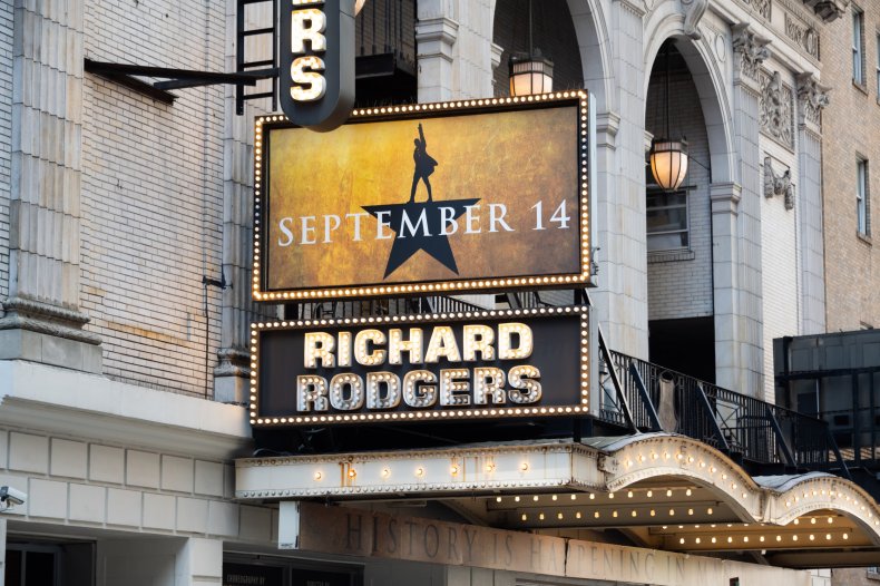 A sign for the "Hamilton" musical.