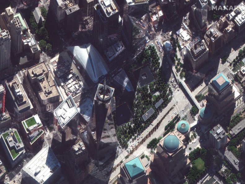 Aerial shot of 9/11 memorial.