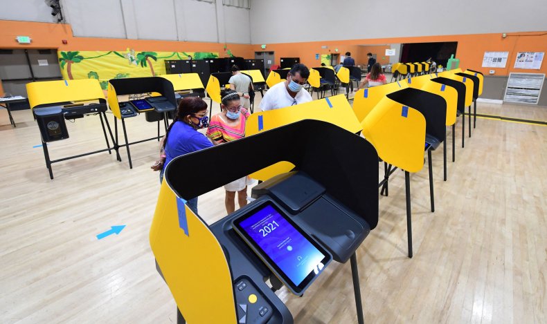 Voters casting ballots in California recall election.