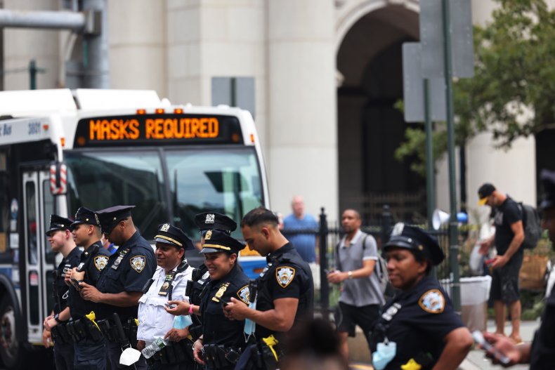 NYPD officers guard protest