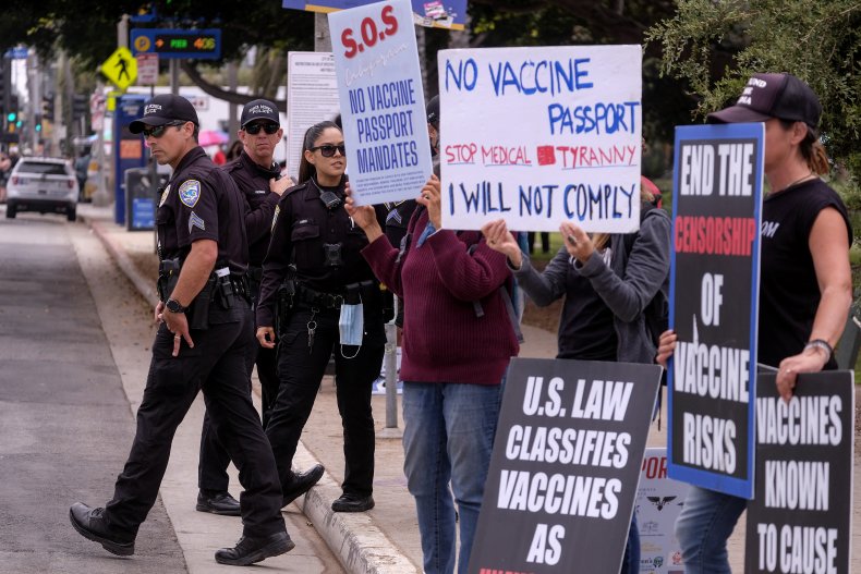 Santa Monica police officers watch protest