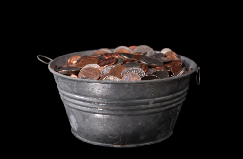 A bucket of nickels and coins.