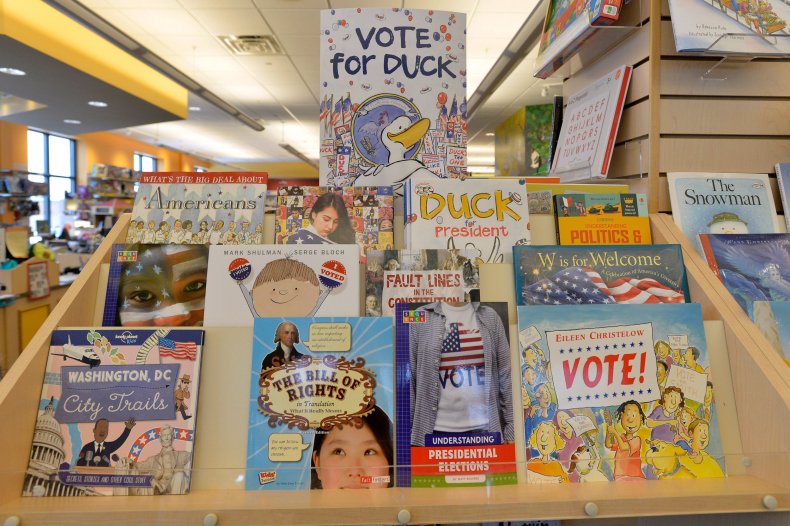 Political books for children are displayed