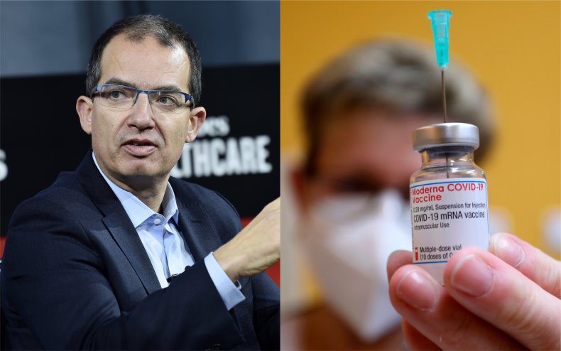 Moderna CEO Stephane Bancel and a vaccine.