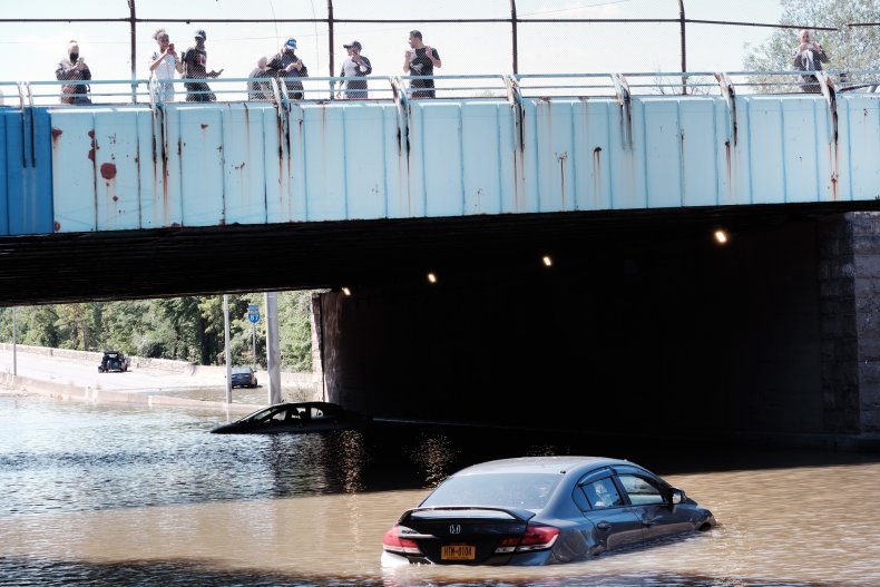Cars abandoned on flooded Major Deegan Expressway