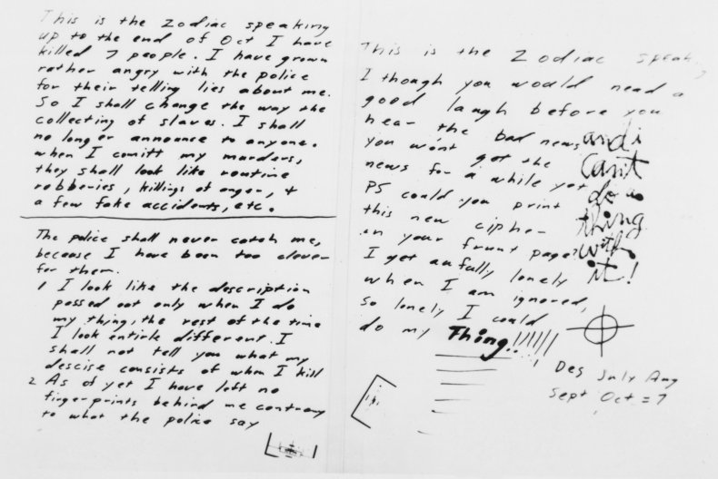 Handwritten notes from the "Zodiac Killer."