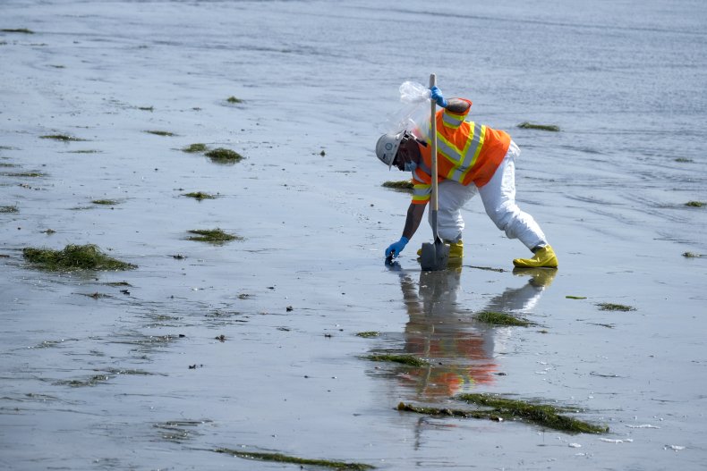 Workers Clean Contaminated Beach