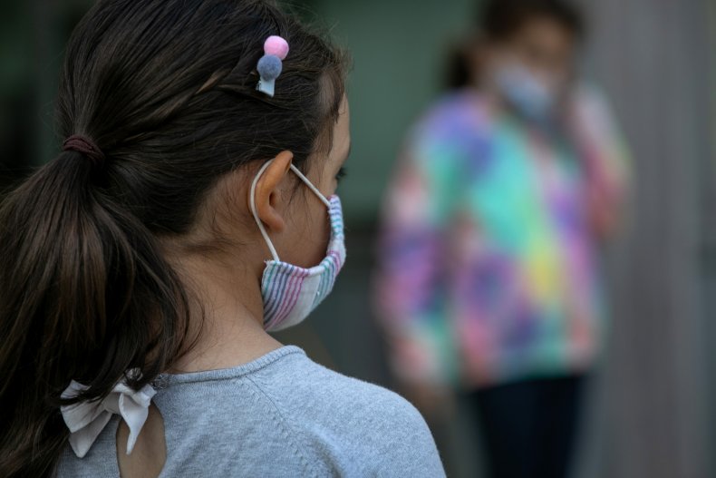 Masked children wait