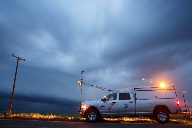 A tornado scout vehicle observing a thunderstorm.