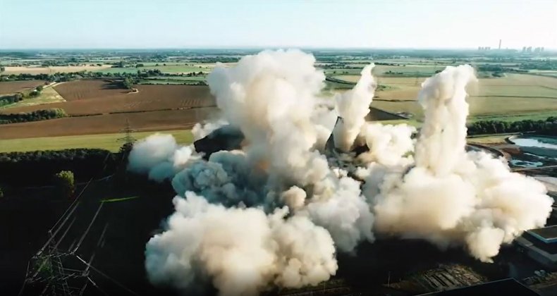 Screengrab of Eggborough power plant demolition.