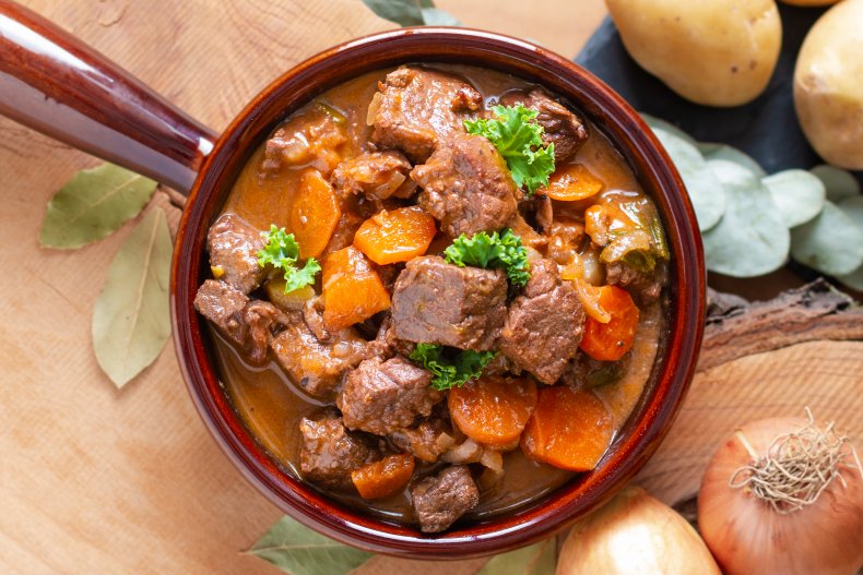 Meat stew in a brown pan