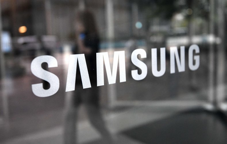 A Samsung logo seen on a window.