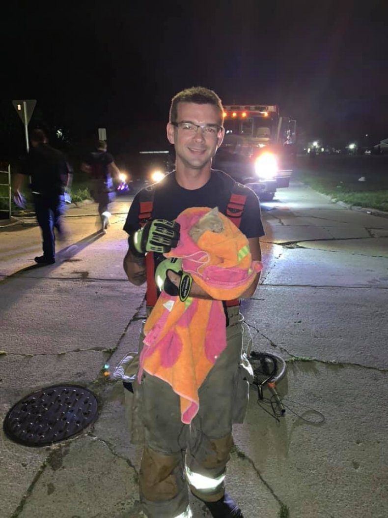 Firefighter and rescued kitten
