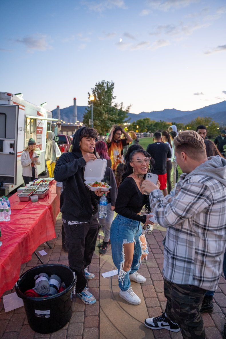 Customers outside the food truck