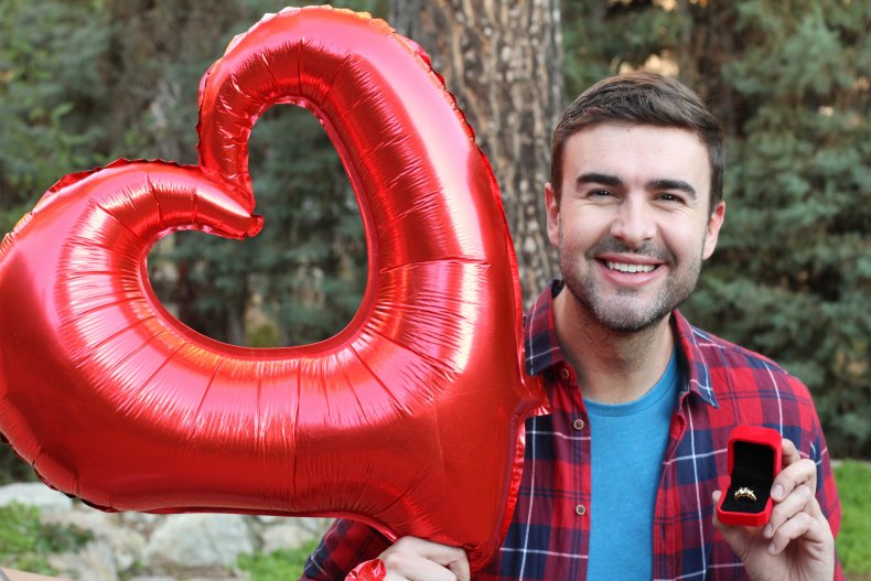 Man with balloon and engagement ring