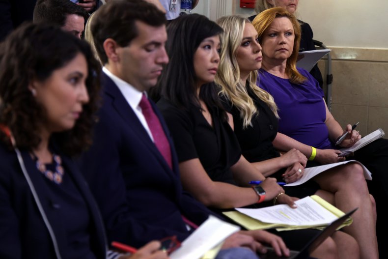 Kelly O’Donnell (R) listens during a briefing