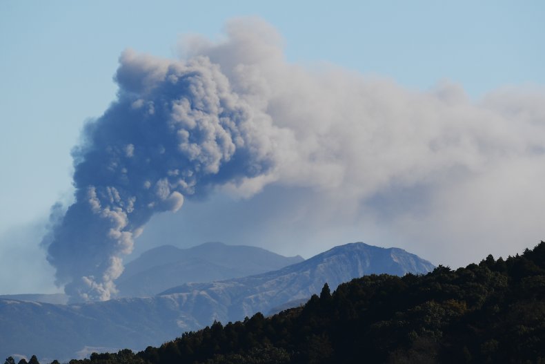 Smoke rises from Mount Aso