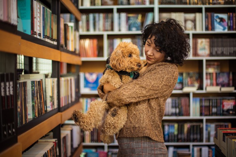 Puppy and student in library