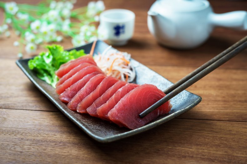 Tuna sashimi on a plate.
