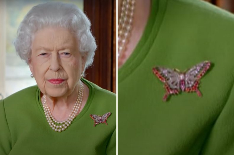 Queen Elizabeth II wears a butterfly brooch.