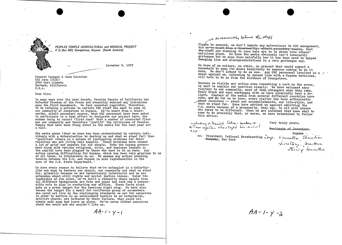 Jonestown letter NBC 
