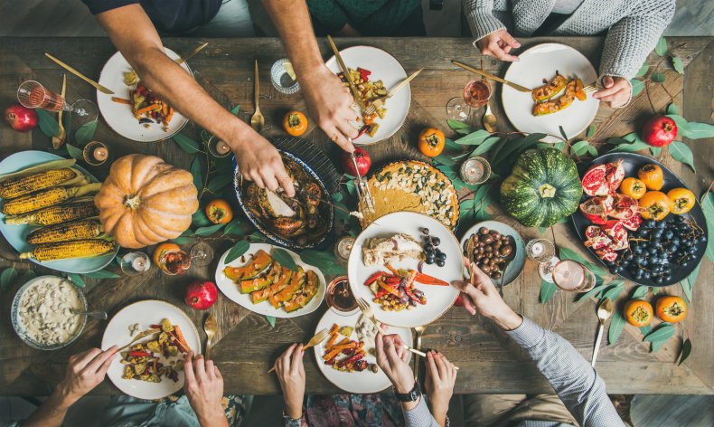 A Thanksgiving Day meal at a table.