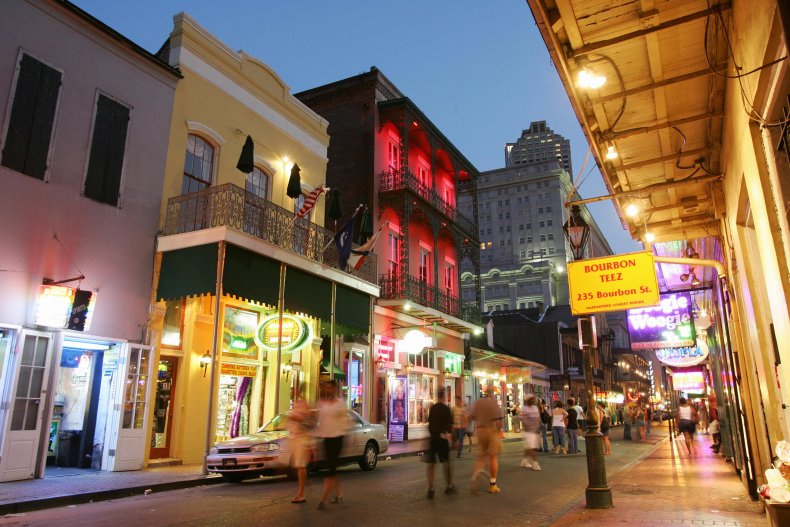 Dusk falls over Bourbon Street in the