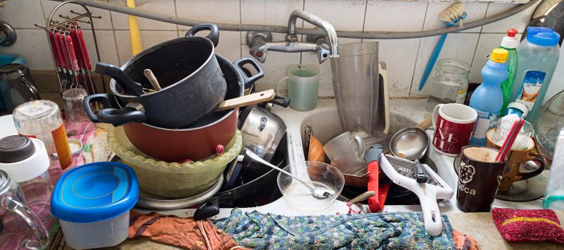 A sink full of dirty dishes.